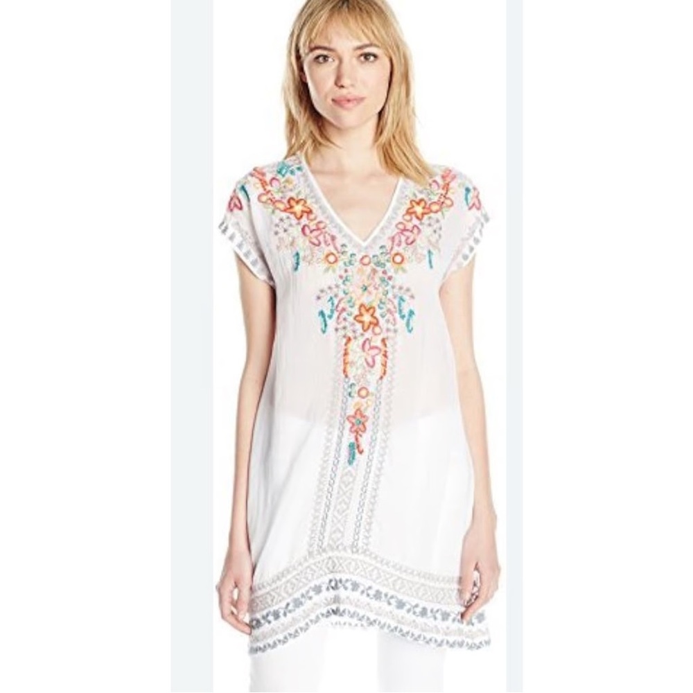 Johnny Was White Tunic with Colorful Floral Embroidery